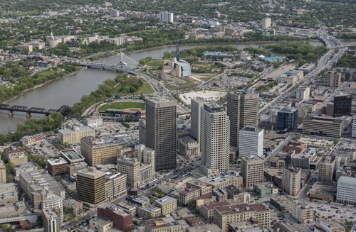 DAVID LIPNOWSKI / WINNIPEG FREE PRESS  Downtown Winnipeg featuring Portage and Main  Aerial photography over Winnipeg May 18, 2016 shot from STARS helicopter.