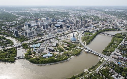 DAVID LIPNOWSKI / WINNIPEG FREE PRESS  Downtown Winnipeg, including Canadian Museum for Human rights, and Esplanade Riel  Aerial photography over Winnipeg May 18, 2016 shot from STARS helicopter.