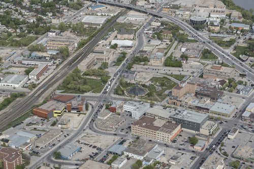 DAVID LIPNOWSKI / WINNIPEG FREE PRESS  Downtown Winnipeg  Aerial photography over Winnipeg May 18, 2016 shot from STARS helicopter.