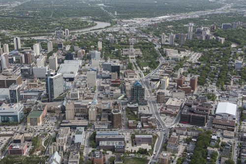 DAVID LIPNOWSKI / WINNIPEG FREE PRESS  Downtown Winnipeg  Aerial photography over Winnipeg May 18, 2016 shot from STARS helicopter.