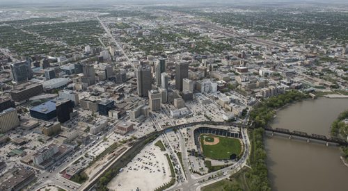 DAVID LIPNOWSKI / WINNIPEG FREE PRESS  Downtown Winnipeg featuring Portage and Main, and Shaw Park  Aerial photography over Winnipeg May 18, 2016 shot from STARS helicopter.