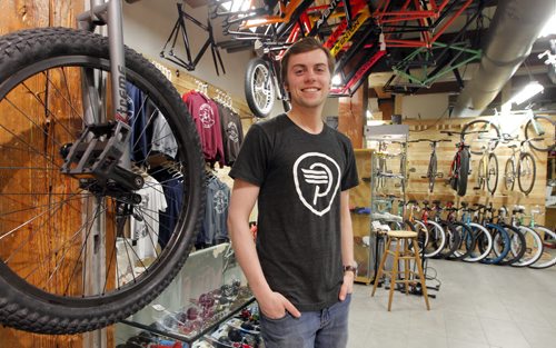 BORIS MINKEVICH / WINNIPEG FREE PRESS White Pine Bicycle Co. on main level, Johnston Terminal @ The Forks. Owner Brendan McAndrew opened his bike shop as an outdoor, rental/retail kiosk at The Forks two summers ago and is now inside Johnston Terminal. It doubled in size, when he added a showroom. White Pine specializes in custom-built single-speed bikes and fat bikes - you can order your bike in a variety of colours - if you want 23 differently coloured components - not a problem. This summer he's teaming with different BIZ organizations, for bike tours all over the city. Dave Sanderson. May 19, 2016.