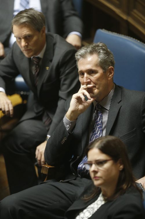 WAYNE GLOWACKI / WINNIPEG FREE PRESS    Premier Brian Pallister, centre,  with Heather Stefanson, Minister of Justice and Attorney General and Cameron Friesen, Minister of Finance during question period Thursday in the Manitoba Legislature.   Nick Martin story May 19  2016