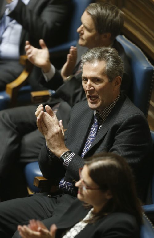 WAYNE GLOWACKI / WINNIPEG FREE PRESS    Premier Brian Pallister, centre, with Heather Stefanson, Minister of Justice and Attorney General and Cameron Friesen, Minister of Finance during question period Thursday in the Manitoba Legislature.   Nick Martin story May 19  2016