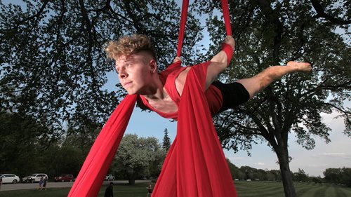 PHIL HOSSACK / WINNIPEG FREE PRESS - Jordan Dock , 21-year-old local hairstylist who is running off to join the circus hangs from an Assinaboine Park Elm Tree THursday. That's the world famous Cirque du Soleil in Montreal. Which has been his dream since he was seven years old. Gord SInclair's story.  May 19, 2016