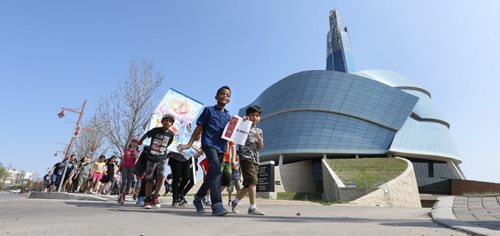 WAYNE GLOWACKI / WINNIPEG FREE PRESS   Over 2,000 Winnipeg School Division students took part in their Celebrating Diversity Walk around the Canadian Museum for Human Rights  at Forks Friday. The students were also entertained by choirs and dancers at the  Scotiabank Stage as they celebrated the rich cultures in our city. Scheduled to attend included Mayor Brian Bowman, Kevin Lamoureux, MP and Kevin Chief, MLA . This event was described in their news release as the finale of another successful year of incorporating Everybody has the Right programming into WSDs everyday curriculum and learning.  see release  May 20  2016