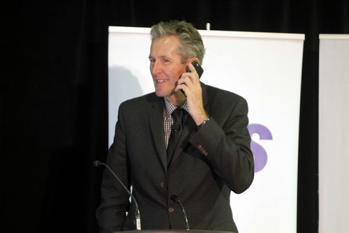 BORIS MINKEVICH / WINNIPEG FREE PRESS Official announcement of cell coverage improvements south of the city on highway 75. Premier Brian Pallister talks to the crowd. May 20, 2016.