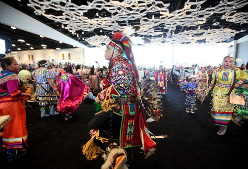 RUTH BONNEVILLE / WINNIPEG FREE PRESS  Hundreds of dancers from across North America perform at the Manito Ahbee International Pow Wow Saturday at the Convention Centre.   Standup photo   May 21, , 2016