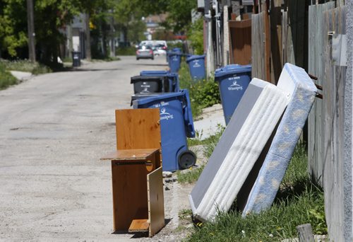 WAYNE GLOWACKI / WINNIPEG FREE PRESS     The back lane behind Langside Street. For city hall story on cameras being set up to capture people dumping junk. (This stuff in photo may have been put out by the home owner.)May 24   2016