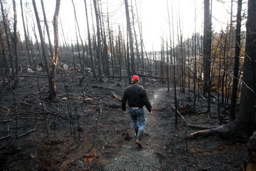 JOE BRYKSA / WINNIPEG FREE PRESS  Florence Lake cottager Ian Baragar surveys the burnt out shores of neighboring Nora Lake for the first time Tuesday , May 24 , 2016.(see Nick Martin  story)