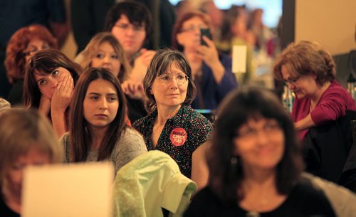 PHIL HOSSACK / WINNIPEG FREE PRESS -  (LOVE IN NO PROTESTORS) Participants listen to Minister of Environment and Climate Change Catherine McKenna at the Canad Inn Fort Garry Wednesday. A room packed to past occupancy limits delayed the forum. See story.  May 25, 2016