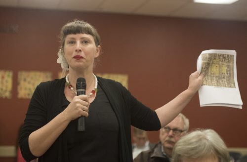 DAVID LIPNOWSKI / WINNIPEG FREE PRESS  Local River Heights resident Abigail Mickelthwate voices her concerns about a proposed cell phone tower in her area with The Hon. Jim Carr, MP for Winnipeg South Centre and Minister of Natural Resources during a quarterly town hall at the Asper Jewish Community Campus Wednesday May 25, 2016. One such issue discussed was the proposed cell tower at the corner of  Niagara St and Grosvenor Ave (there is currently an MTS switching station that looks like a residential property there).