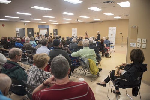 DAVID LIPNOWSKI / WINNIPEG FREE PRESS  Residents had the opportunity to voice concerns with The Hon. Jim Carr, MP for Winnipeg South Centre and Minister of Natural Resources during a quarterly town hall at the Asper Jewish Community Campus Wednesday May 25, 2016. One such issue discussed was the proposed cell tower at the corner of  Niagara St and Grosvenor Ave (there is currently an MTS switching station that looks like a residential property there).