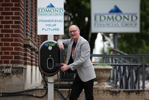 RUTH BONNEVILLE / WINNIPEG FREE PRESS  BIZ - Paul Edmond, CEO of Edmond Financial, has installed a pair of electronic car charger stations outside his building on Academy Road at a cost of $25,000. The spots are open for charging your electric car for free between the hours of 6pm and 2am.   He says there are only a handful of E-cars in the province but it's a chicken and egg argument. Nobody will buy them if there's nowhere to charge them.  May 26,  2016