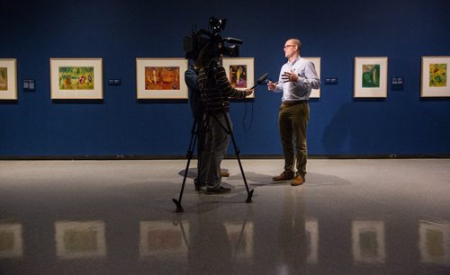 MIKE DEAL / WINNIPEG FREE PRESS Andrew Kear, Curator of Historical Canadian Art at the WAG is interviewed during a first look preview of three new exhibitions presented by the Winnipeg Art Gallery: Chagall:Daphnis & Chloé, Chagall & Winnipeg, and Esther Warkov: Paintings, 1960s-1980s. The shows open to the public Saturday, May 28 at 7:00pm with a free event.  160526 - Thursday, May 26, 2016