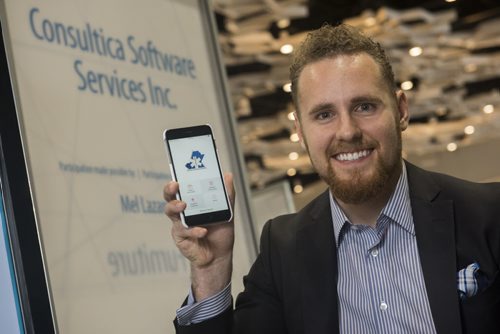 DAVID LIPNOWSKI / WINNIPEG FREE PRESS  Chief brand officer for Consultica (a local company) Luc Bohunicky, shows off a new app for the Paramedic Association of Manitoba during Centrallia at RBC Convention Centre Thursday May 25, 2016.
