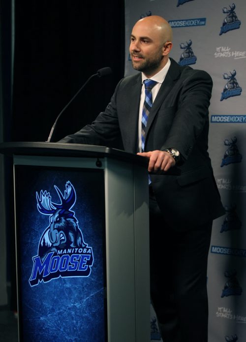 JOE BRYKSA / WINNIPEG FREE PRESS   Manitoba Moose held the official news conference Friday at the MTS Centre to name Pascal Vincent as their new head coach-May 27 , 2016.(see story)