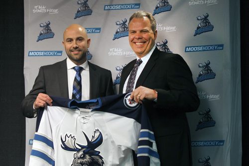 JOE BRYKSA / WINNIPEG FREE PRESS   Manitoba Moose held the official news conference Friday at the MTS Centre to name Pascal Vincent as their new head coach- Pascal and Winnipeg Jets GM Kevin Cheveldayoff pose for image-May 27 , 2016.(see story)