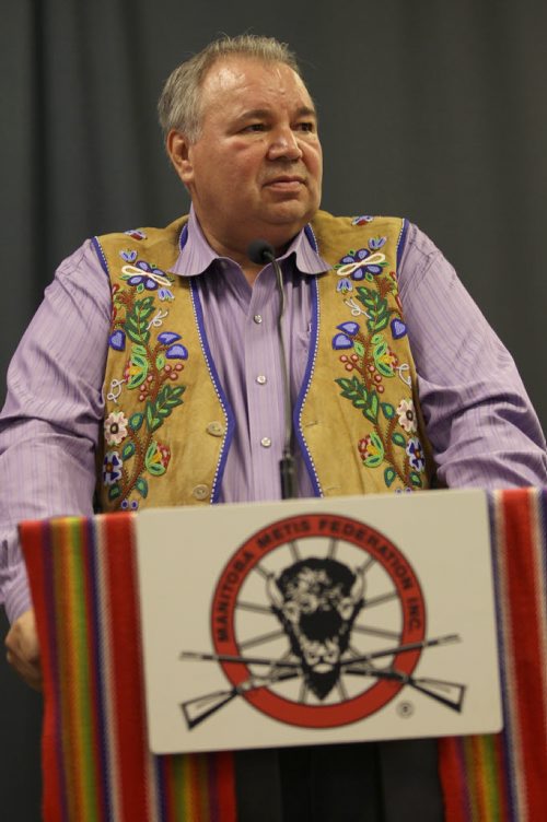JOE BRYKSA / WINNIPEG FREE PRESS A historic signing today between The Manitoba Metis Federation and the Federal government occurred in Winnipeg between Manitoba Metis Federation President David Chartrand and Federal Minister of Indigenous and Northern Affairs Carolyn Bennett- The signing of the Memorandum of Understanding will explore talks on reconciliation with the Manitoba Metis Community -  Chartrand makes speech before signing Friday-May 27 , 2016.(see Alex Paul  story)