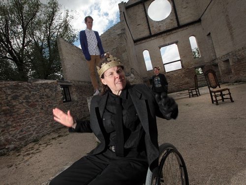 PHIL HOSSACK / WINNIPEG FREE PRESS -  Debbie Patterson recreates a scene from her role in Shakespear in the Park's latest production of Richard The 3rd. Toby Hughes (left) and Sarah Constible in support. See Randall King's story.  May 27, 2016