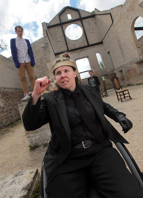PHIL HOSSACK / WINNIPEG FREE PRESS -  Debbie Patterson recreates a scene from her role in Shakespear in the Park's latest production of Richard The 3rd. Toby Hughes (left) and Sarah Constible in support. See Randall King's story.  May 27, 2016