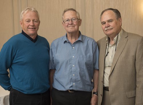 DAVID LIPNOWSKI / WINNIPEG FREE PRESS  (L-R) Brandon Vincent Massey volleyball team members of the 1968/69/70 teams: Dwight Kearns (1969), Coach Barry Diller (1968/69/70), and Gene Parks (1969) pose for a photo prior to the MHSAA awards honouring outstanding high school legends at the Holiday Inn South Saturday May 28, 2016.