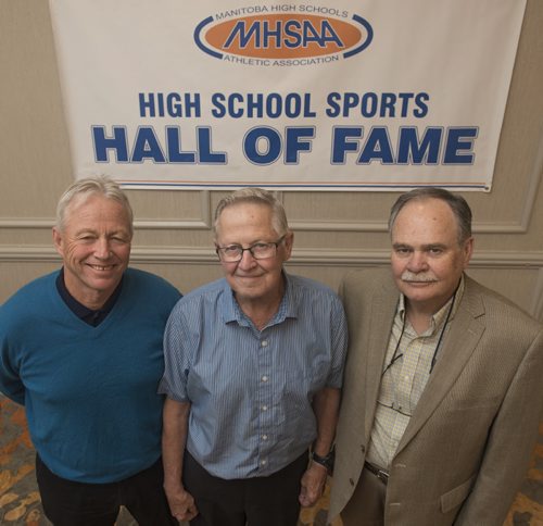 DAVID LIPNOWSKI / WINNIPEG FREE PRESS  (L-R) Brandon Vincent Massey volleyball team members of the 1968/69/70 teams: Dwight Kearns (1969), Coach Barry Diller (1968/69/70), and Gene Parks (1969) pose for a photo prior to the MHSAA awards honouring outstanding high school legends at the Holiday Inn South Saturday May 28, 2016.