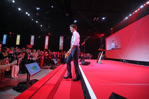 RUTH BONNEVILLE / WINNIPEG FREE PRESS  The Right Honorable Justin Trudeau leaves the stage after giving his Keynote Address at Liberal Convention at The RBC Convention Centre in Winnipeg Saturday.    May 28, , 2016