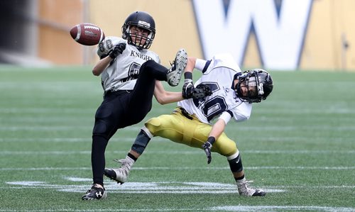 TREVOR HAGAN / WINNIPEG FREE PRESS Team Thunder Bay U16 Trent Savard-Maki can't bring in a pass as he's covered by Team Manitoba U16 Josh Yanchishyn during the Elite Blue and Gold Games football event at Investors Group Field, Saturday, May 28, 2016.