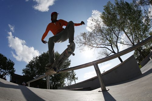 JOHN WOODS / WINNIPEG FREE PRESS Ty Shawn Jones was skate boarding on the rail at the Freight House Skate Park Sunday, May 29, 2016.