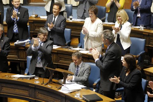 BORIS MINKEVICH / WINNIPEG FREE PRESS Finance Minister Cameron Friesen gets applause form his PC Party in the Manitoba budget 2016 in the Manitoba Legislature.  May 31, 2016.