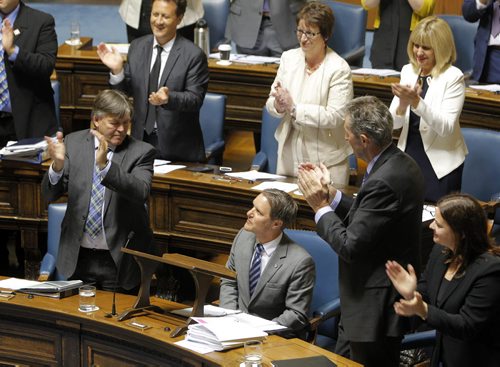 BORIS MINKEVICH / WINNIPEG FREE PRESS Finance Minister Cameron Friesen gets applause form his PC Party in the Manitoba budget 2016 in the Manitoba Legislature.  May 31, 2016.