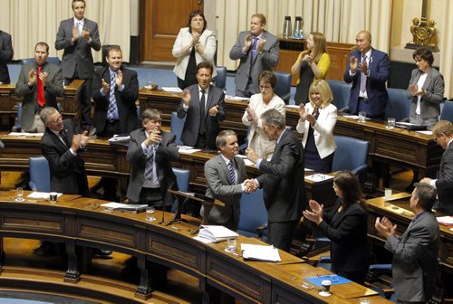 BORIS MINKEVICH / WINNIPEG FREE PRESS Finance Minister Cameron Friesen gets applause form his PC Party in the Manitoba budget 2016 in the Manitoba Legislature.  May 31, 2016.