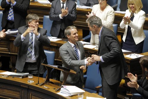 BORIS MINKEVICH / WINNIPEG FREE PRESS Finance Minister Cameron Friesen gets applause form his PC Party in the Manitoba budget 2016 in the Manitoba Legislature.  May 31, 2016.