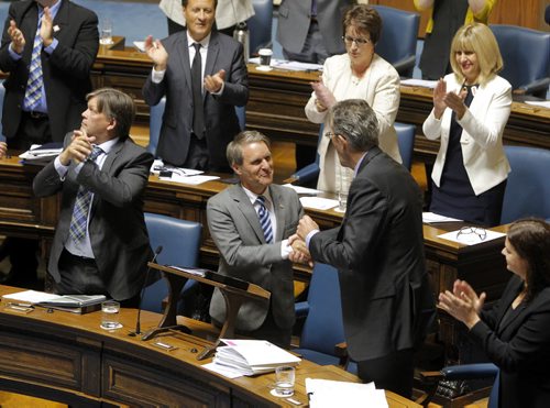 BORIS MINKEVICH / WINNIPEG FREE PRESS Finance Minister Cameron Friesen gets applause form his PC Party in the Manitoba budget 2016 in the Manitoba Legislature.  May 31, 2016.