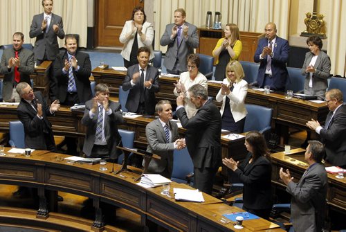 BORIS MINKEVICH / WINNIPEG FREE PRESS Finance Minister Cameron Friesen gets applause form his PC Party in the Manitoba budget 2016 in the Manitoba Legislature.  May 31, 2016.