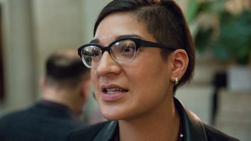 MIKE DEAL / WINNIPEG FREE PRESS Sadie-Phoenix Lavoie, University of Winnipeg Students Union VP of Student Affairs, responds to the release of the new governments first budget in the Manitoba Legislature Tuesday afternoon. 160531 - Tuesday, May 31, 2016