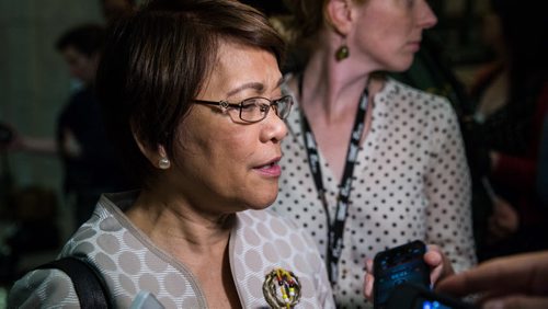 MIKE DEAL / WINNIPEG FREE PRESS Interim NDP leader Flor Marcelino responds to the release of the new PC governments first budget in the Manitoba Legislature Tuesday afternoon. 160531 - Tuesday, May 31, 2016