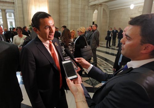 BORIS MINKEVICH / WINNIPEG FREE PRESS MB GOV BUDGET 2016 - After media scrums MLA Wab Kinew at Manitoba legislature rotunda.  May 31, 2016.