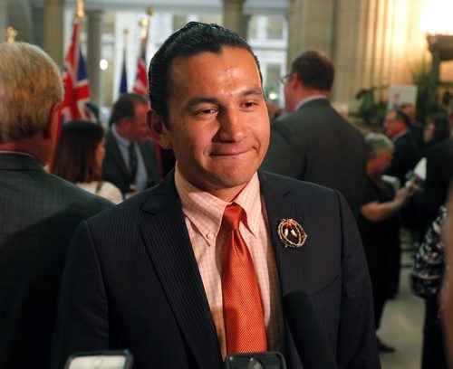 BORIS MINKEVICH / WINNIPEG FREE PRESS MB GOV BUDGET 2016 - After media scrums MLA Wab Kinew at Manitoba legislature rotunda.  May 31, 2016.