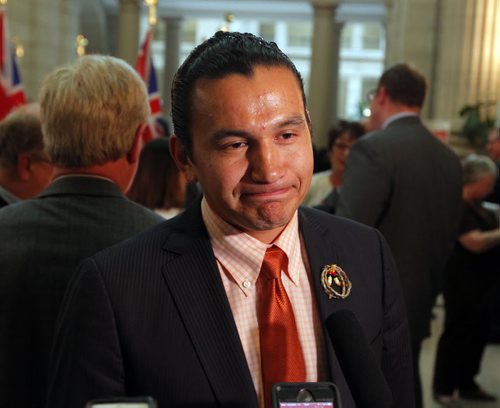 BORIS MINKEVICH / WINNIPEG FREE PRESS MB GOV BUDGET 2016 - After media scrums MLA Wab Kinew at Manitoba legislature rotunda.  May 31, 2016.