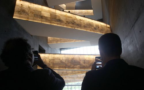 JOE BRYKSA / WINNIPEG FREE PRESS  Calgary Mayor Naheed Nenshi, left, with Winnipeg mayor Brian Bowman in the Canadian Museum for Human Rights on a tour Wednesday.-June 01 , 2016.(See Aldo Santin  story)