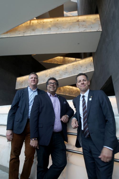 JOE BRYKSA / WINNIPEG FREE PRESS  Calgary Mayor Naheed Nenshi, center, with Winnipeg mayor Brian Bowman , left, and the Canadian Museum for Human Rights (CMHR) president and CEO. John Young in the CMHR on a tour Wednesday.-June 01 , 2016.(See Aldo Santin  story)