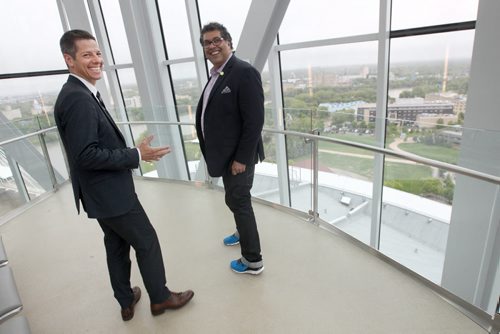 JOE BRYKSA / WINNIPEG FREE PRESS  Calgary Mayor Naheed Nenshi, right, with Winnipeg mayor Brian Bowman in the Canadian Museum for Human Rights on a tour Wednesday.June 01 , 2016.(See Aldo Santin  story)