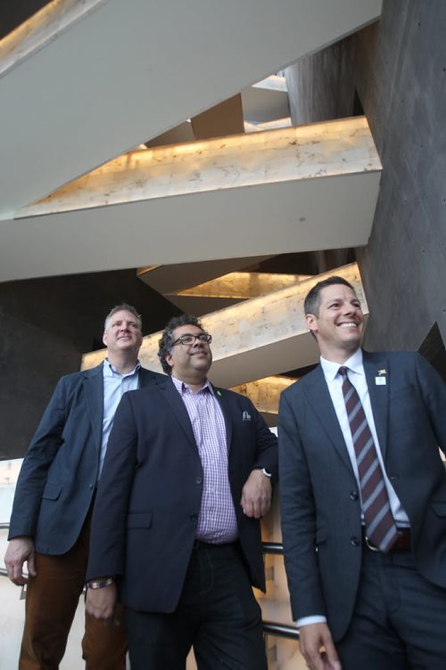 JOE BRYKSA / WINNIPEG FREE PRESS   Calgary Mayor Naheed Nenshi, center, with Winnipeg mayor Brian Bowman , left, and the Canadian Museum for Human Rights (CMHR) president and CEO. John Young in the CMHR on a tour Wednesday.-June 01 , 2016.(See Aldo Santin  story)