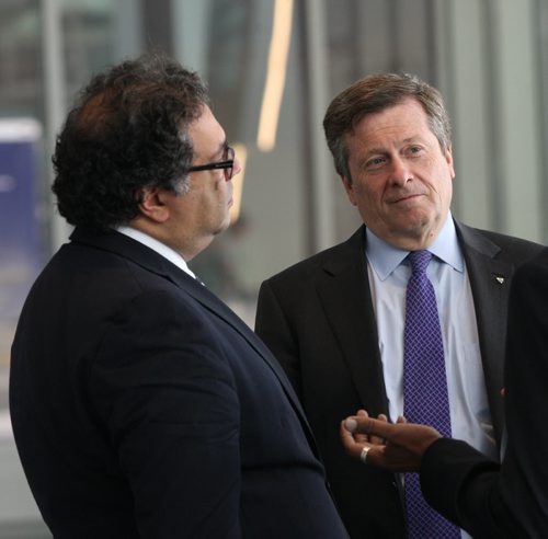 JOE BRYKSA / WINNIPEG FREE PRESSFederation of Canadian Municipalities Big City Mayors Conference at the RBC Convention Centre in Winnipeg with Toronto Mayor John Tory, right, and Calgary mayor Naheed Nenshi  during break Thursday   -June 02 , 2016.(See Aldo Santin  story)