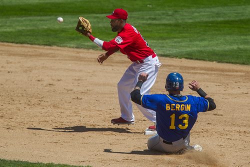 MIKE DEAL / WINNIPEG FREE PRESS Winnipeg Goldeyes' Casio Grider (9) catches the ball for an out against Sioux Falls Canaries' David Bergin (13) at Shaw Park Thursday afternoon. 160602 - Thursday, June 02, 2016
