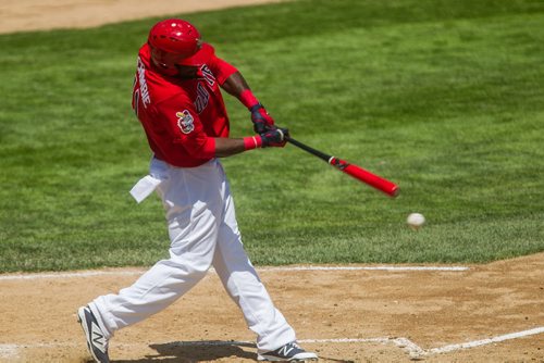 MIKE DEAL / WINNIPEG FREE PRESS Winnipeg Goldeyes' Reggie Abercrombie (11) gets a little wood on the ball against the Sioux Falls Canaries at Shaw Park Thursday afternoon. 160602 - Thursday, June 02, 2016