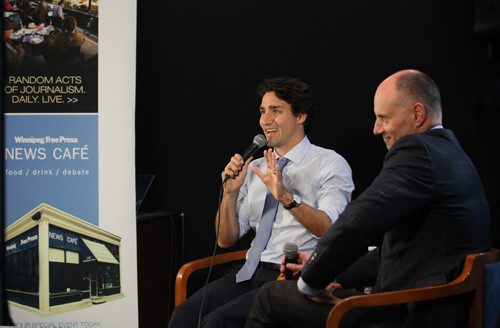 RUTH BONNEVILLE / WINNIPEG FREE PRESS  Prime Minister Justin Trudeau at the Winnipeg Free Press News Cafe being interviewed by WFP editor Paul Samyn with students from Children of the Earth high school in the audience Thursday.  June 02 / 2016