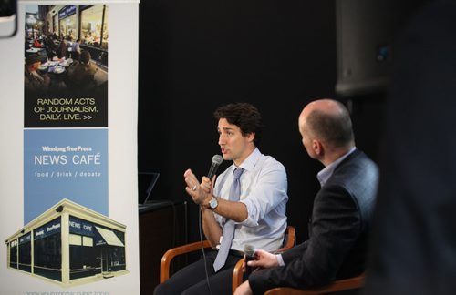 RUTH BONNEVILLE / WINNIPEG FREE PRESS  Prime Minister Justin Trudeau is interviewed by WFP editor Paul Samyn at the Winnipeg Free Press News Cafe with students from Children of the Earth high school in the audience Thursday.  June 02 / 2016